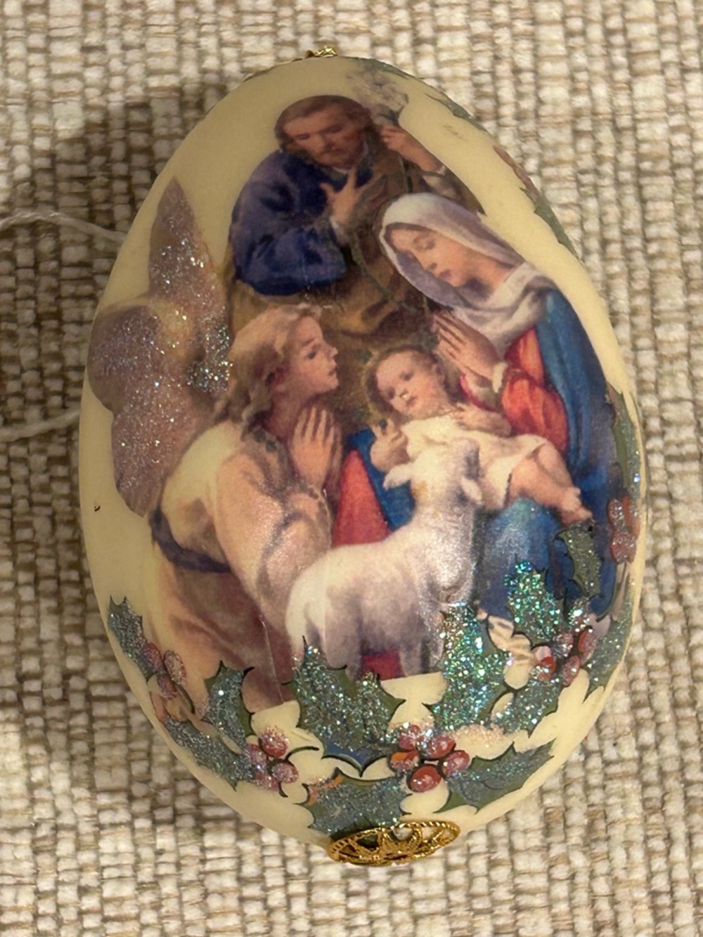 Religious Nativity Egg Ornament in Cream and Blue